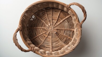 Poster - Woven Wicker Basket With Handles Viewed From Above On White Background Ideal For Home Decor or Storage Use