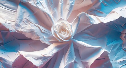 Poster - Crumpled white paper background with a delicate rose at the center creating a serene and artistic texture for creative projects.