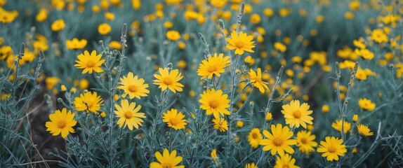 Poster - Vibrant Wild Yellow Flowers in a Field with Lush Greenery and Ample Space for Text Overlay or Creative Design Elements