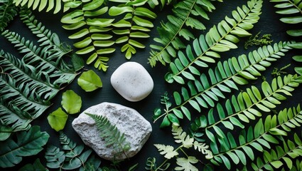 Poster - Green Fern Leaves and White Stones on Dark Background in Natural Composition
