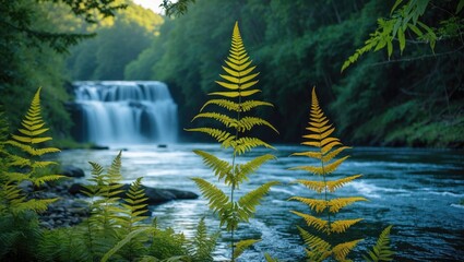 Poster - Serene River Scene with Ferns and Waterfall Under Bright Noon Light Featuring Space for Text Overlay