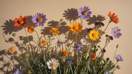 Poster - Colorful Wildflowers Casting Shadows on a Soft Beige Background Creating a Serene Floral Display