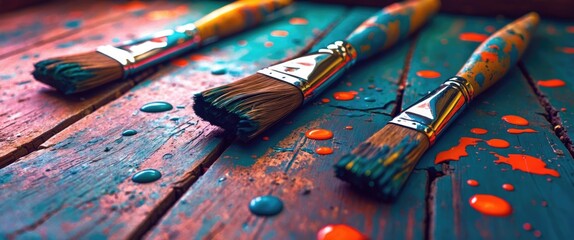 Poster - Colorful paintbrushes with vibrant paint splatters on a rustic wooden floor showcasing artistic creativity and craft supplies.