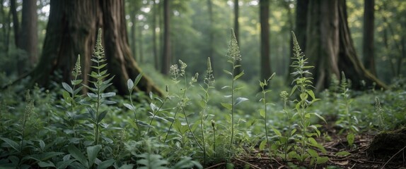 Poster - Verdant Wild Plants Flourishing in Ancient Forest with Lush Green Background and Space for Text Overlay