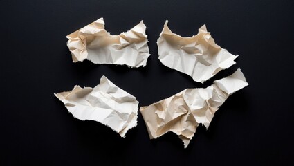 Poster - Crumpled torn paper pieces on a black background ideal for text insertion and creative design concepts.