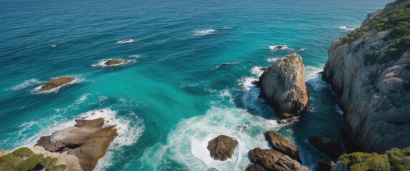 Poster - Turquoise Ocean Waters Crashing Against Rocky Coastline Aerial View with Copy Space for Text and Nature Scenic Background