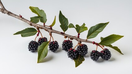 Poster - Sloe branch with maturing blackthorn berries and green leaves isolated on white background with ample space for text or design.