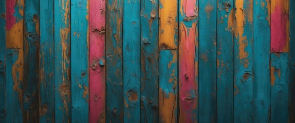 Poster - Vibrant distressed wood wall texture with blue, pink, and orange tones perfect for backgrounds and artistic designs.