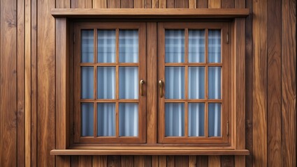 Poster - Elegant Teak Wood Window Frame with Blue Curtains against Rich Wooden Wall Texture