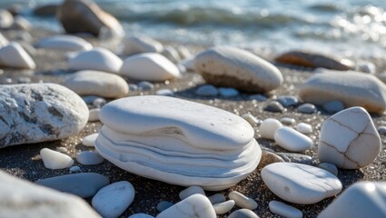 Poster - White pebbles and smooth marble stones on sandy shoreline with gently lapping ocean waves under bright natural sunlight.
