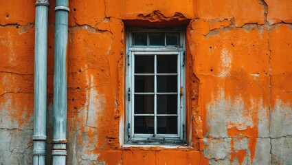Poster - Vintage window framed by an orange cement wall with peeling paint and exposed pipes for an urban aesthetic.