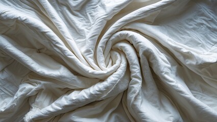 Poster - Textured white blanket in disarray from above showcasing soft fabric details and natural folds for cozy interior aesthetics.