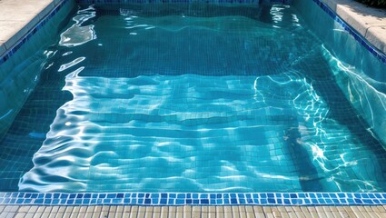 Poster - Bright blue water surface in swimming pool with shimmering reflections and clear tiles below creating a tranquil and inviting atmosphere.