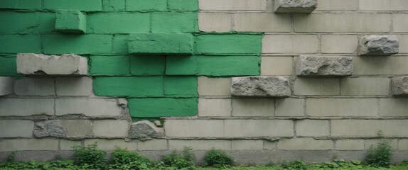 Poster - Cement wall with green paint and stone accents showcasing urban texture and style in a modern architectural setting.