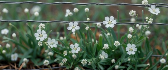 Poster - Delicate white flowers flourishing amidst wire fencing in a lush green setting capturing nature's resilience and beauty.