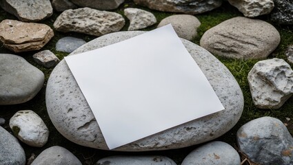 Poster - Blank white sheet of paper resting on a large stone surrounded by smaller pebbles in a natural outdoor setting.