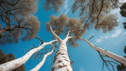 Poster - Majestic white bark tree viewed from below against a backdrop of vibrant blue Mediterranean sky and lush greenery, showcasing natural beauty.