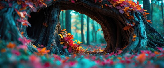 Poster - Colorful tree hollow framed by autumn leaves creating a serene natural pathway in a tranquil forest setting.
