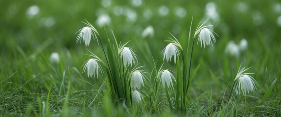 Poster - White Cogongrass Flowers Emergent Among Lush Green Grass Set Against A Natural Background in Soft Focus Aesthetic.