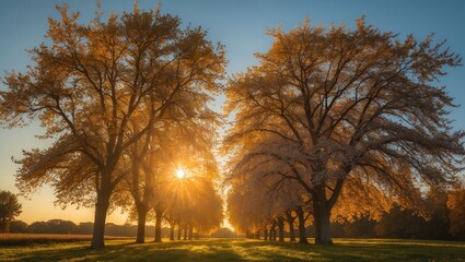 Poster - Autumn Trees Bathed in Golden Sunlight Creating a Serene Landscape Scene