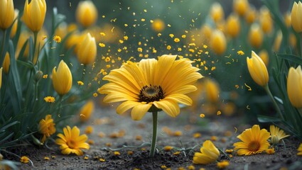 Poster - Bright yellow flower surrounded by blooming tulips and scattered petals in a serene garden setting showcasing natural beauty and tranquility.