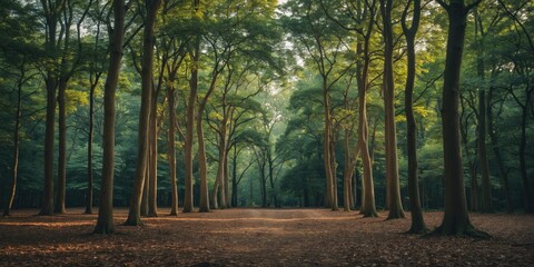 Poster - Tranquil Forest Pathway Surrounded By Lush Trees With Space For Text Overlays And Nature Inspired Designs