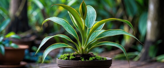 Poster - Puring flower plant from Sulawesi Indonesia showcased in a vibrant indoor setting with lush greenery in the background.
