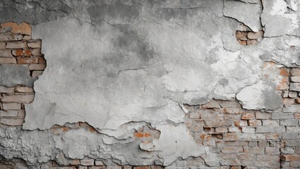 Poster - Old weathered wall with grey and white peeling paint revealing brick texture for architectural or artistic backgrounds.