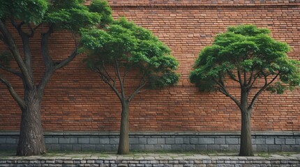 Poster - Lush green trees beside a rustic brick wall showcasing architectural elements and nature's harmony in an urban setting.