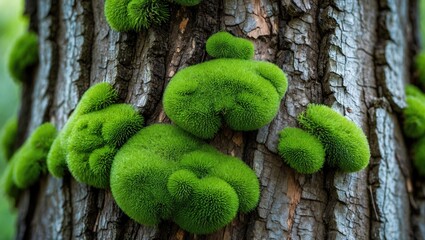 Poster - Lush green moss on textured tree bark creating an abstract macro background showcasing nature's intricate details and vibrant colors.