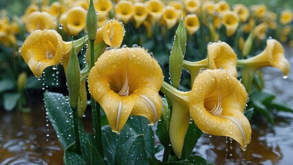 Poster - Vibrant Yellow Trumpet-Shaped Flowers with Raindrops Against Lush Greenery and Blank Space for Text Overlay
