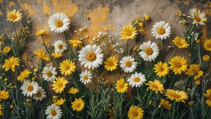 Poster - Vibrant Wildflower Yellow Daisies Flourishing Against Textured Background Featuring Ample Copy Space for Text Elements