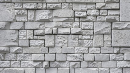 Poster - White textured stone wall pattern with varied block shapes creating a rustic and modern appearance for architectural designs and backgrounds.