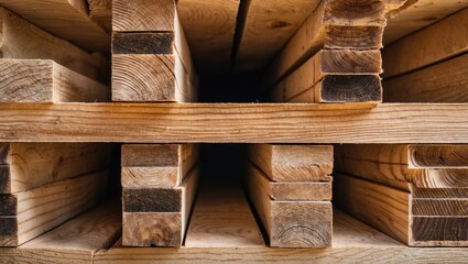 Poster - Wooden planks stacked with visible gaps highlighting the natural grain and texture of the timber in a rustic or industrial setting