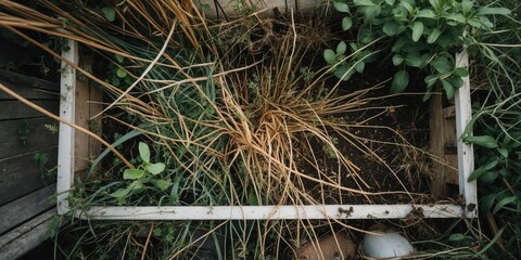 Poster - Overhead View of Weeds in a Backyard Garden with Empty Space for Text or Graphics