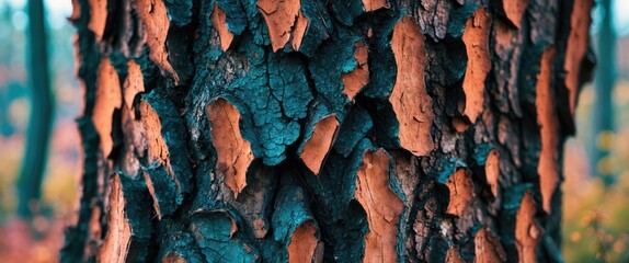 Poster - Tree bark detailed texture with vibrant colors showcasing natural patterns in a forest environment