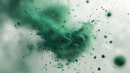 Poster - Abstract green dust particles in motion over a soft white background for vintage or grunge design overlays and artistic texture applications.
