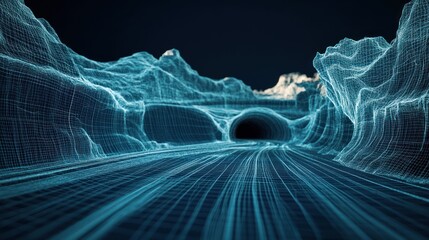 Poster - Digital road through wireframe mountains, leading to dark tunnel