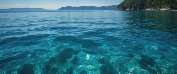 Poster - Serene Transparent Blue Water in a Bay with Tranquil Reflections and Space for Text or Branding