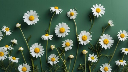 Poster - Charming White Chamomile Flowers on a Vibrant Green Background with Ample Space for Text or Overlays