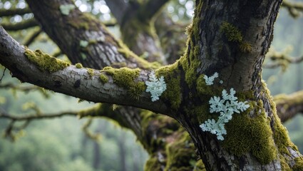 Poster - Moss and lichen-covered tree branch showcasing natural textures and vibrant greenery in a serene forest environment