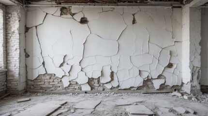 Poster - Abandoned interior with cracked white stucco wall showcasing vintage texture and grunge aesthetic perfect for architectural backgrounds