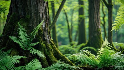 Poster - Lush green forest scene featuring ferns and moss-covered tree trunks creating a tranquil nature backdrop for relaxation and mindfulness.