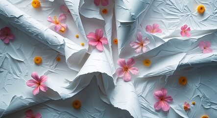 Poster - Crinkled white paper background adorned with vibrant pink flowers and yellow accents creating an artistic and textured composition.