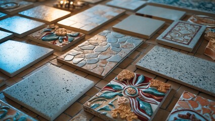 Poster - Variety of textured ceramic tiles arranged on a surface showcasing design options for flooring and construction services.