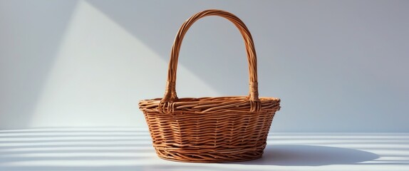 Poster - Wicker Basket on White Background with Natural Light and Space for Text or Design Elements