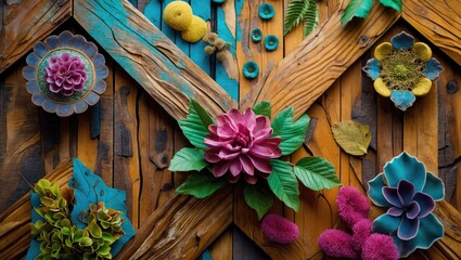 Poster - Vibrant floral and wooden texture composition showcasing colorful flowers and natural elements on a rustic wooden background design.