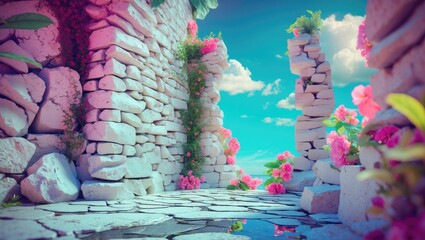 Poster - Serene pathway with white stone walls adorned by vibrant flowers under a bright blue sky creating a tranquil and picturesque atmosphere