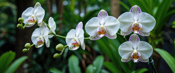 Poster - Elegant white orchid flowers blooming against a lush green backdrop in the serene botanical garden of Singapore.