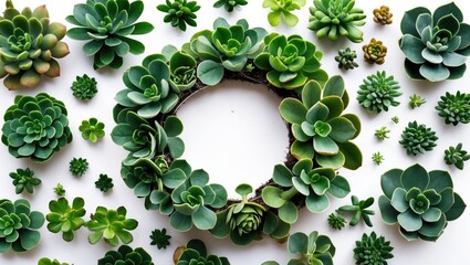 Poster - Top view of lush green sedum succulents arranged in a circular pattern on a white background showcasing various leaf sizes and shapes.